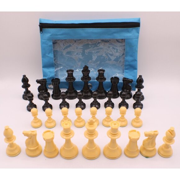 Complete Set Chess Pieces Black Tan Board Games Blue Zippered Case Resin Acrylic - Picture 1 of 11
